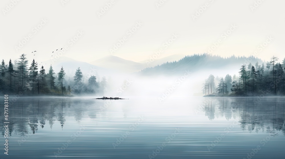  a large body of water with a boat in the middle of it and trees on both sides of the water.  generative ai