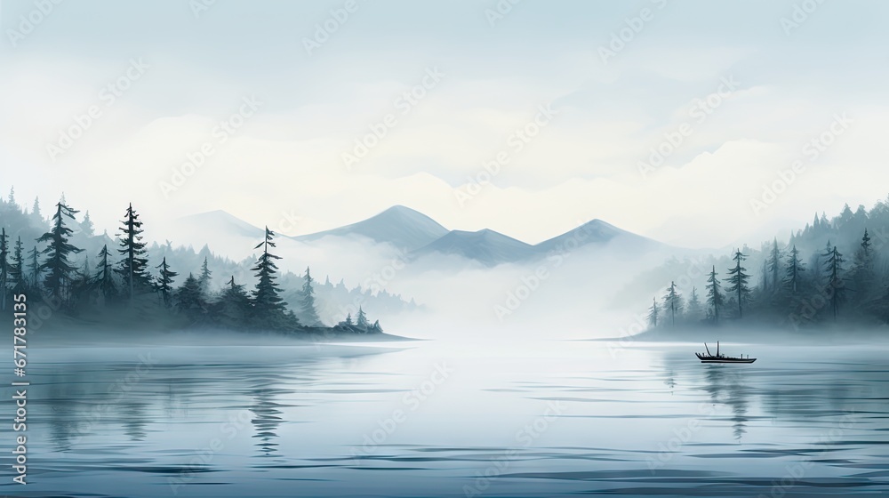  a painting of a boat on a lake with mountains in the background and fog in the air and fog in the air.  generative ai