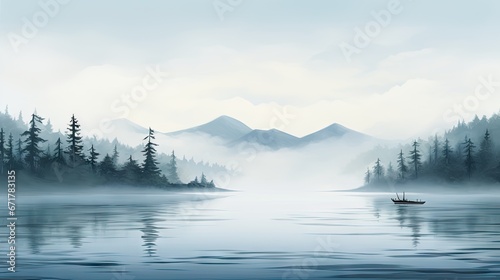  a painting of a boat on a lake with mountains in the background and fog in the air and fog in the air. generative ai