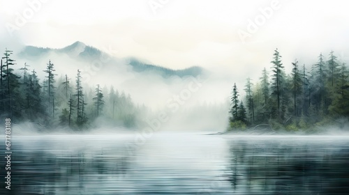  a painting of a foggy lake with trees in the foreground and a mountain range in the distance in the distance. generative ai