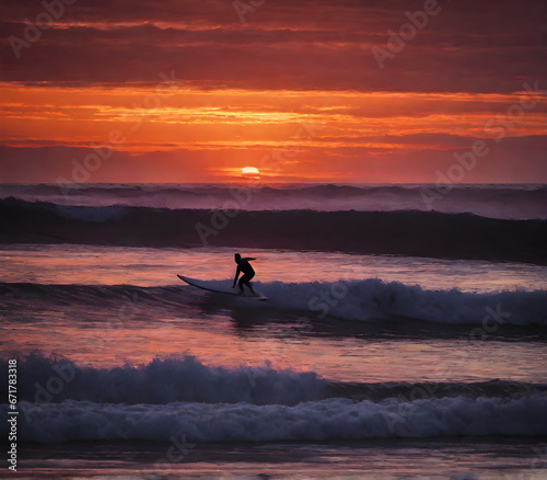 Surfer Stands on Board at Sunset: Riding the Golden Waves. generative AI