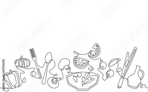 Salad preparation process. Background with food and utensils. Kitchen vector illustration. Horizontal pattern in continuous line drawing style on culinary theme.