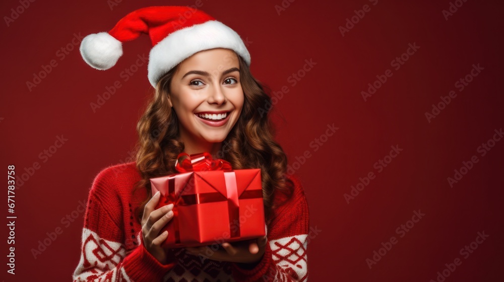 happy young cheerful girl laughs and jumps in christmas hat and with gift on red background. happy young cheerful girl laughs and jumps in christmas hat and with gift on red background.
