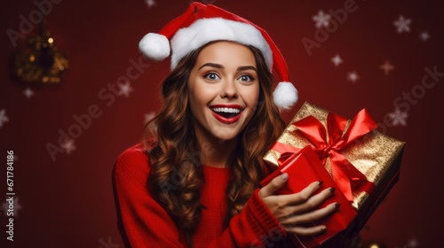 happy young cheerful girl laughs and jumps in christmas hat and with gift on red background.