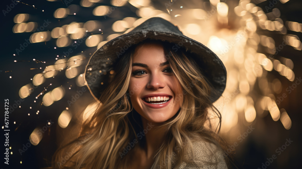 Curly-haired woman with a gleaming smile is captured in a festive evening atmosphere with sparklers and shimmering bokeh lights in the background. Curly-haired woman with a gleaming smile is captured in a festive evening atmosphere with sparklers and shimmering bokeh lights in the background.