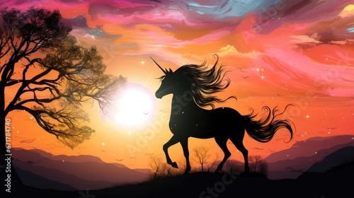  a painting of a unicorn running in the sunset with trees in the foreground and the sun in the background. generative ai