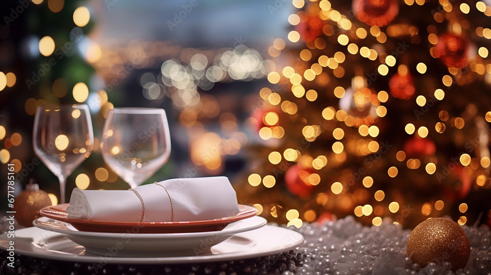 Christmas and New Year: Blurred Festive Table Setting with Decorated Tree, New York Landscape Christmas and New Year: Blurred Festive Table Setting with Decorated Tree, New York Landscape