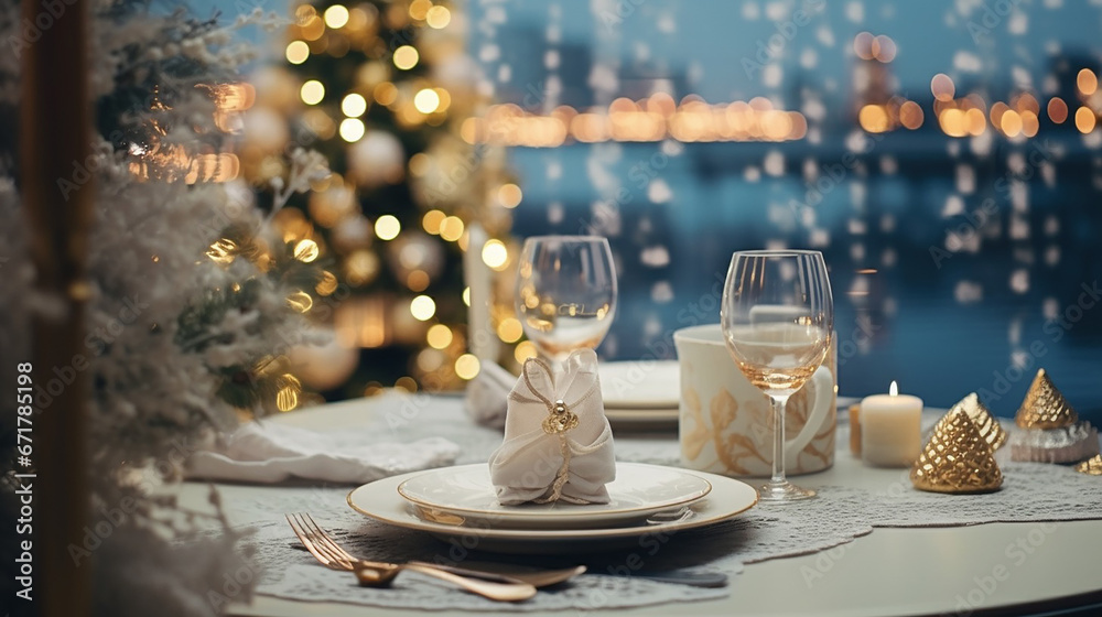 Christmas and New Year: Blurred Festive Table Setting with Decorated Tree, New York Landscape