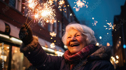 An elderly woman with silver hair and glasses beams with joy on a bustling city street, bathed in the warm glow of bokeh lights during the evening.