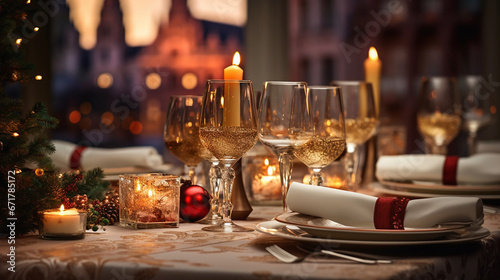 Christmas and New Year  Blurred Festive Table Setting with Decorated Tree  New York Landscape