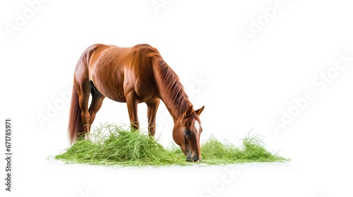 horse eating grass isolated on white background