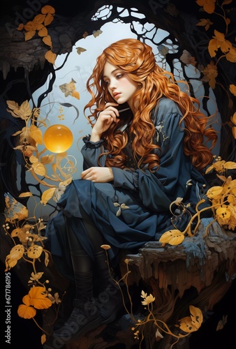 Dreamy ginger girl in blue, dreaming on a tree branch