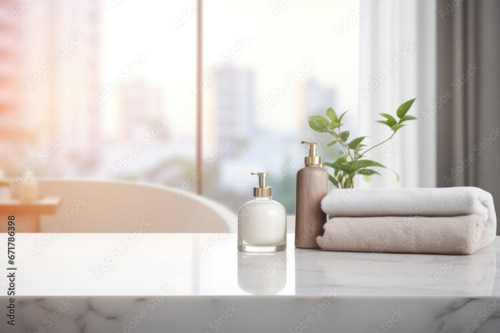 Empty marble table top for product display with blurred bathroom interior background. White bathroom interior. Empty marble table top for product display with blurred bathroom interior background. White bathroom interior.