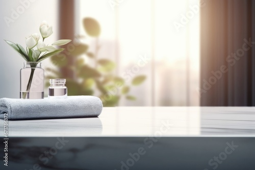 Empty marble table top for product display with blurred bathroom interior background. White bathroom interior. 