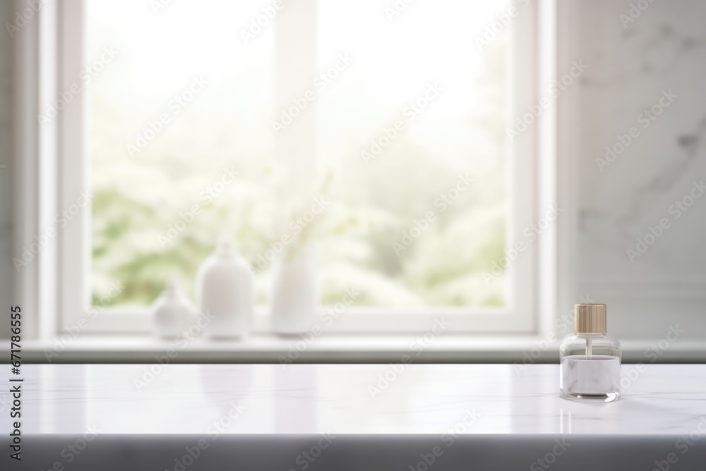 Empty marble table top for product display with blurred bathroom interior background. White bathroom interior. Empty marble table top for product display with blurred bathroom interior background. White bathroom interior.