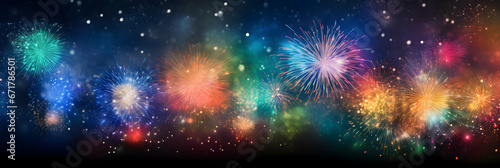 Colorful firework with bokeh background. New Year celebrating. Seasonal background with copy space, invitation greetings card, bright banner, generative ai