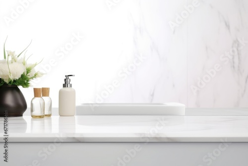 Empty marble table top for product display with blurred bathroom interior background. White bathroom interior. 