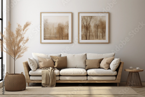 Modern living room with beige sofa and pillows. A set of two abstract landscapes artworks in wooden frames hangs above the sofa. Japandi interior design in neutral beige tones.