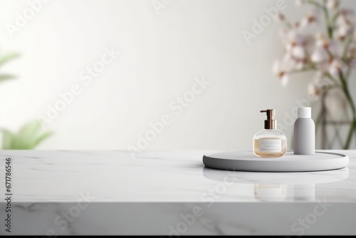 Empty marble table top for product display with blurred bathroom interior background. White bathroom interior. 