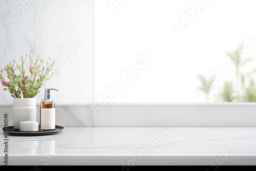 Empty marble table top for product display with blurred bathroom interior background. White bathroom interior.  photo