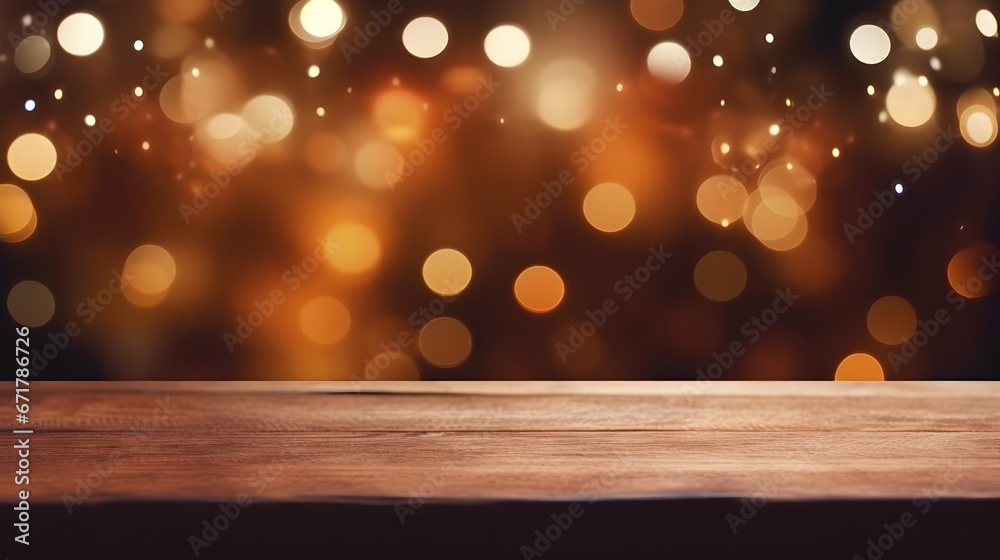 Empty wooden table top with defocused bokeh Christmas background template. Free copy space. Banner or poster backdrop. Generative ai.