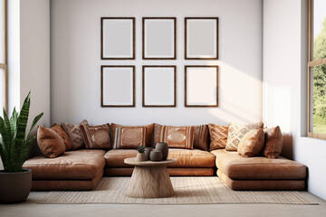 Brown corner sofa in the living room, coffee table and a set of 6 empty wooden frames for wall art mockup. Large windows and daylight. Modern trendy interior.