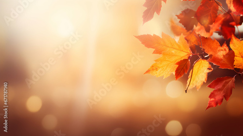 Fall background. Autumn colorful leaves and sun flares, copy space, generative ai