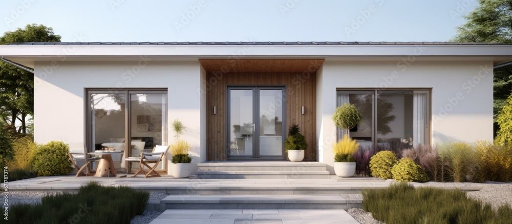 Modern comfortable house with porch stylish door paved yard and shuttered windows - obrazy, fototapety, plakaty 