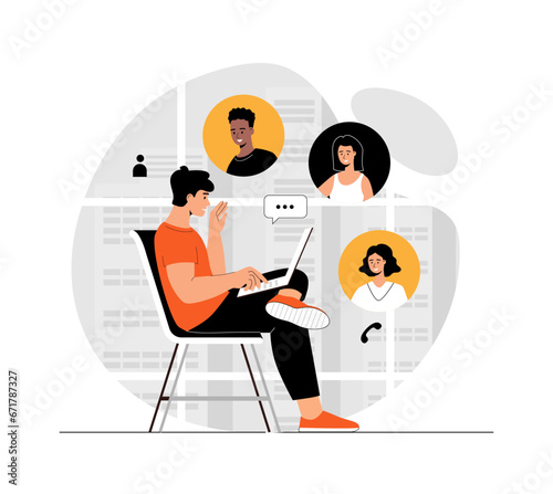 Man with laptop have videoconference with colleagues, clients or friends. Online meeting, web conferencing, virtual call. Illustration with people scene in flat design for website and mobile develop