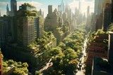 Bird's-eye view of urban landscape featuring towering buildings and a green oasis in the heart of New York City. Generative AI