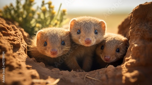 Dwarf Mongoose Family Sunbathing in Burrow photo