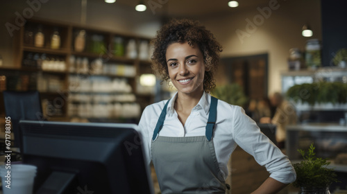 Smiling female cashier at checkout counter with digital tablet in store photo