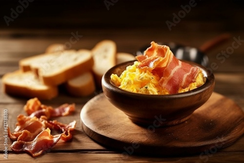 scrambled eggs, bacon, wooden table, bowl, food, salt, pepper, shaker. Generative AI photo