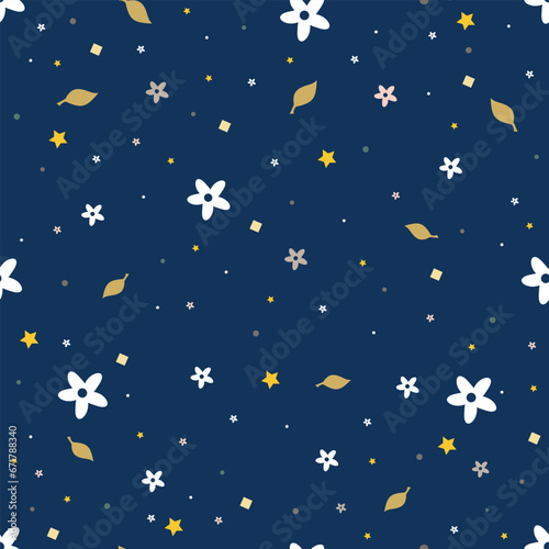 Childish seamless pattern with flowers, stars, leaves and dots. Baby surface design for textile fabric. Endless kids texture on blue background. Flat vector illustration