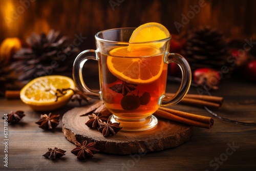 A soothing Hot Toddy cocktail placed on a rustic table surrounded by fallen autumn leaves and soft candlelight