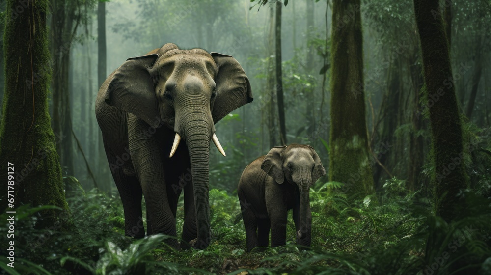 African Forest Elephant Mother and Calf in Rainforest