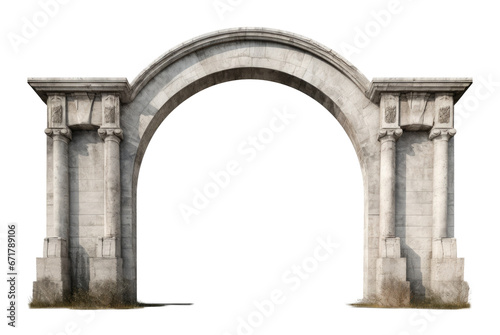 Antique concrete archway, a grand entryway, isolated on a transparent background. PNG, cutout, or clipping path.