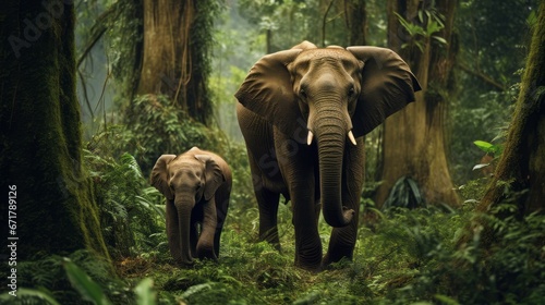 African Forest Elephant Mother and Calf in Rainforest