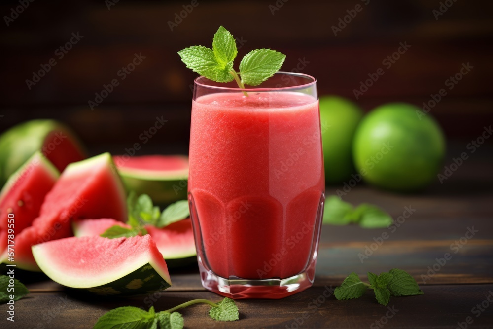 Enjoying a Summer Afternoon with a Chilled Glass of Watermelon Basil Smoothie on a Wooden Table