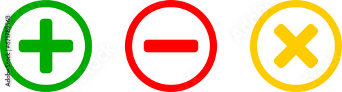 Yes No Neutral or In Favor Against Abstention Round Sign Icon Set with Green Plus Red Minus and Yellow Cross Symbols. Vector Image.