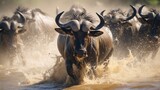Wildebeest Crossing a River, Creating Splashes and Ripples