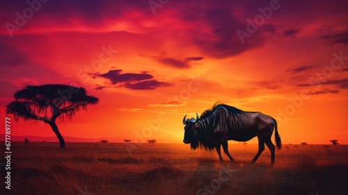 Silhouetted Wildebeest at African Sunset © Andreas