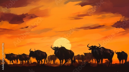 Silhouetted Wildebeest at African Sunset