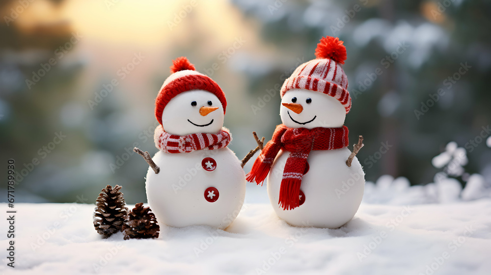 Winter holiday christmas background banner. Closeup of happy to snowmans in a red scarf and hat. Magic spruce forest in the snow. Sunny light backdrop. Generative AI.