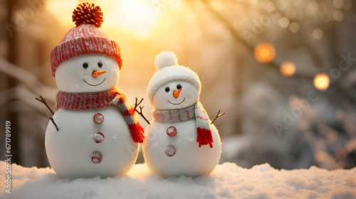 Winter holiday christmas background banner. Closeup of happy to snowmans in a red scarf and hat. Magic spruce forest in the snow. Sunny light backdrop. Generative AI.