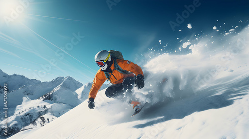 Snowboarder slides down steep mountain, dynamic shot. Seasonal winter background. Active sport. Generative ai.