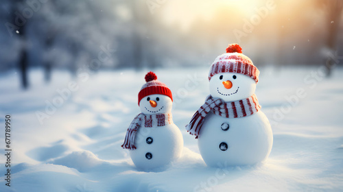 Winter holiday christmas background banner. Closeup of happy to snowmans in a red scarf and hat. Magic spruce forest in the snow. Sunny light backdrop. Generative AI. © pawczar