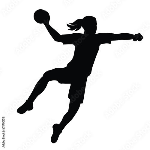 Black silhouette of a women's handball girl player jumped high to throw the ball