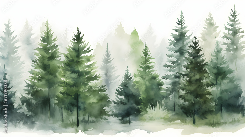 Watercolor painting of green forest woods trees wallpaper, seasonal background, generative ai - obrazy, fototapety, plakaty 