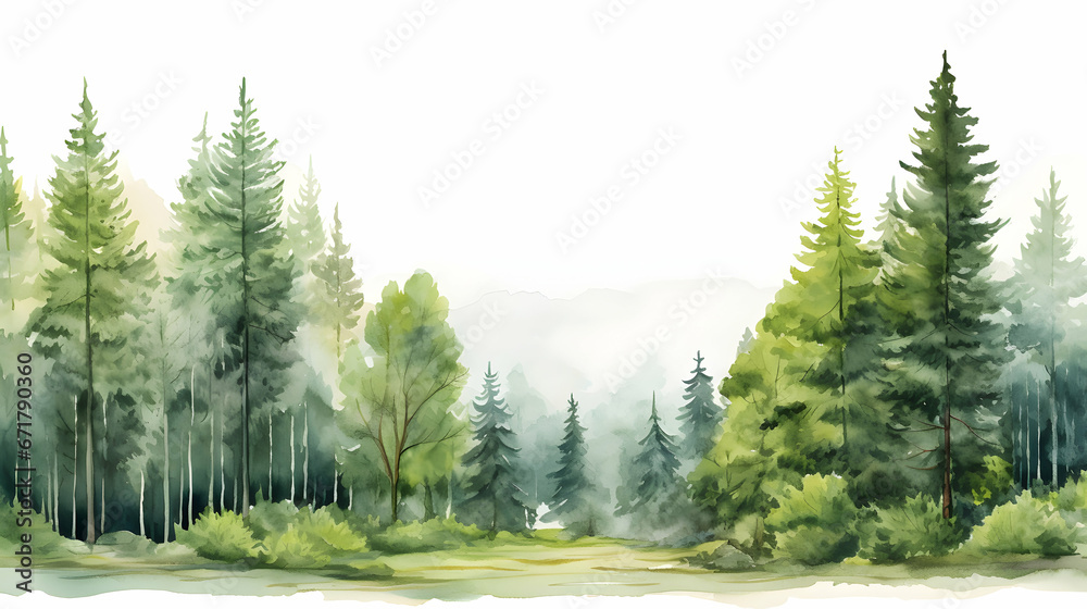 Fototapeta premium Watercolor painting of green forest woods trees wallpaper, seasonal background, generative ai